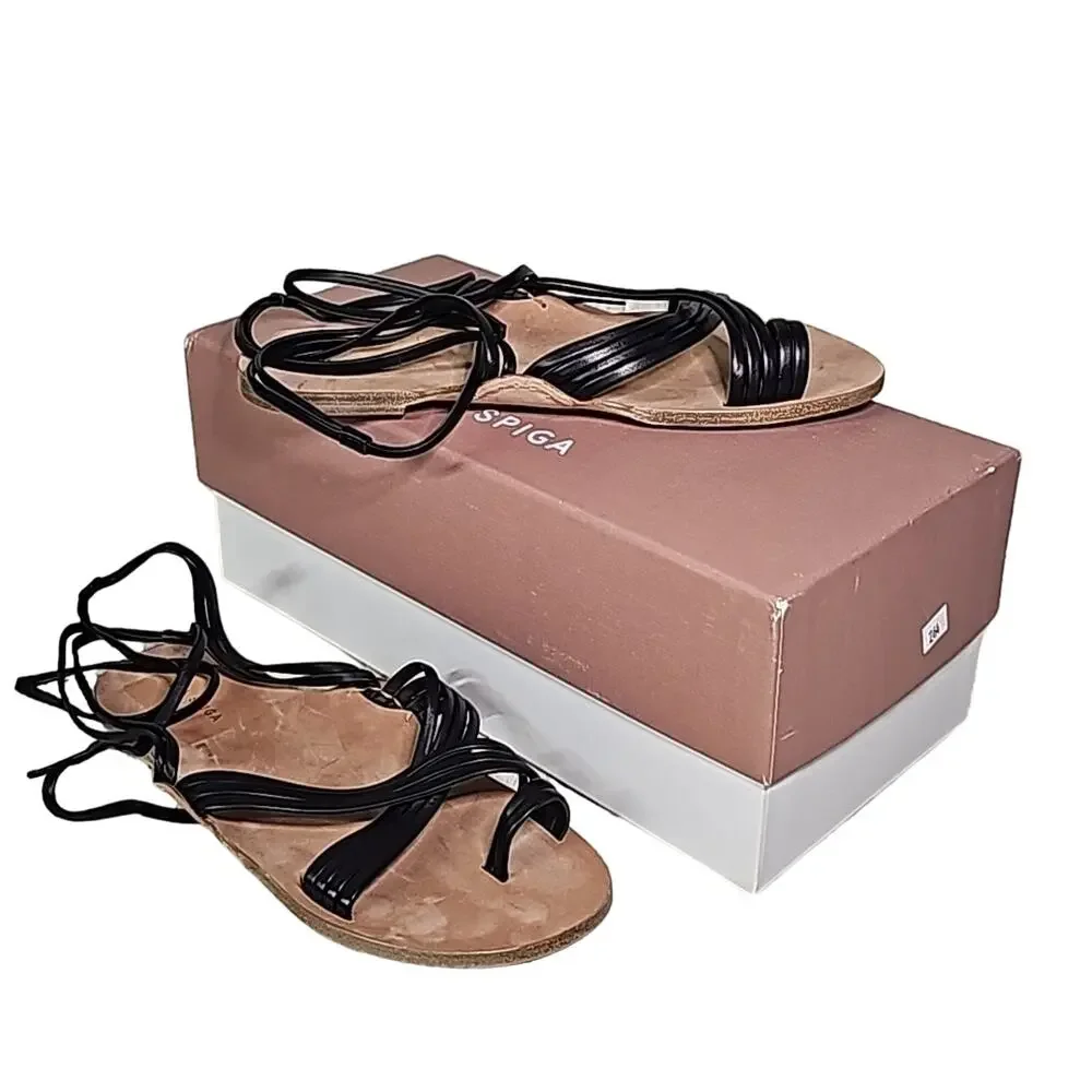 Via Spiga Allegra Ankle Wrap Black Leather Sandals Womens Size 6.5 New